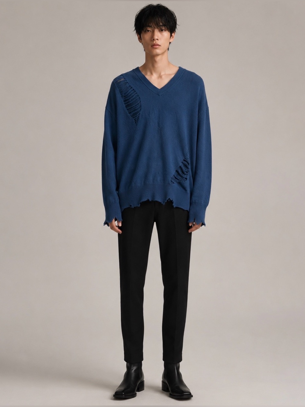 Helmut Lang Distressed Wool Sweater Men’s XS S Blue Oversized Unisex V Neck